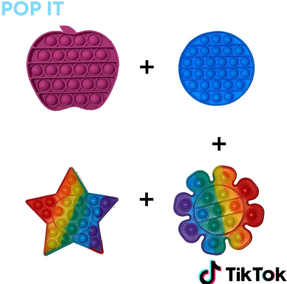 Pop it fidget toys (pakket) Set- van 4 in 1 Appel Paars + Rond Blauw + Regenboog Ster + Regenboog Bloem | Tiktok trend 2021 | Anti stress